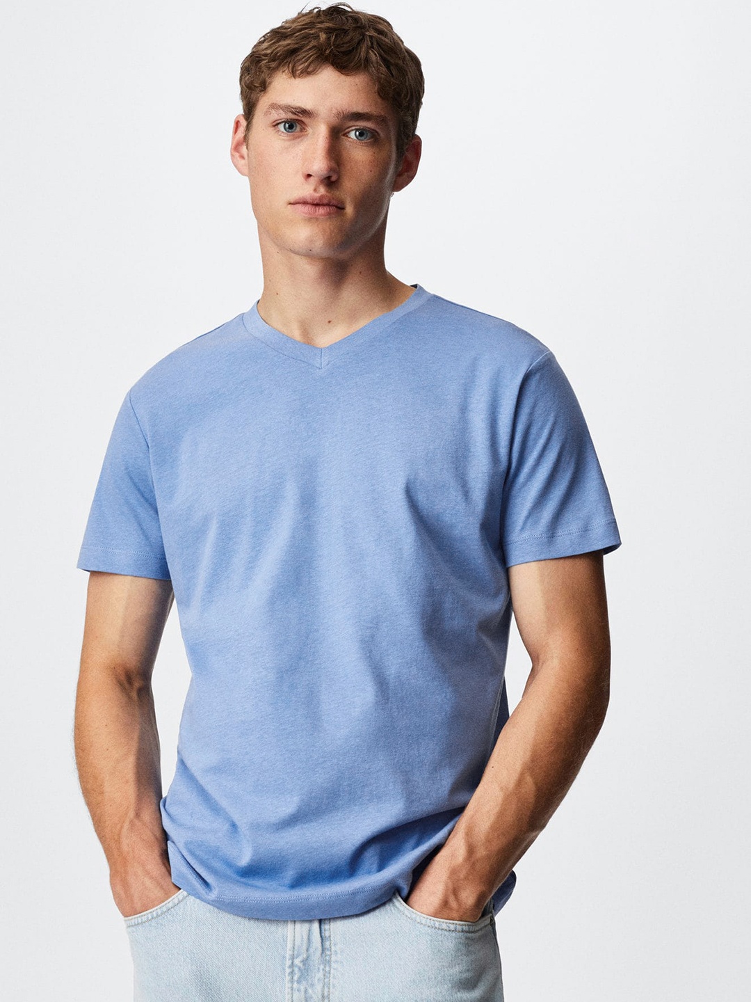 

MANGO MAN V-Neck Pure Cotton Sustainable T-shirt, Blue