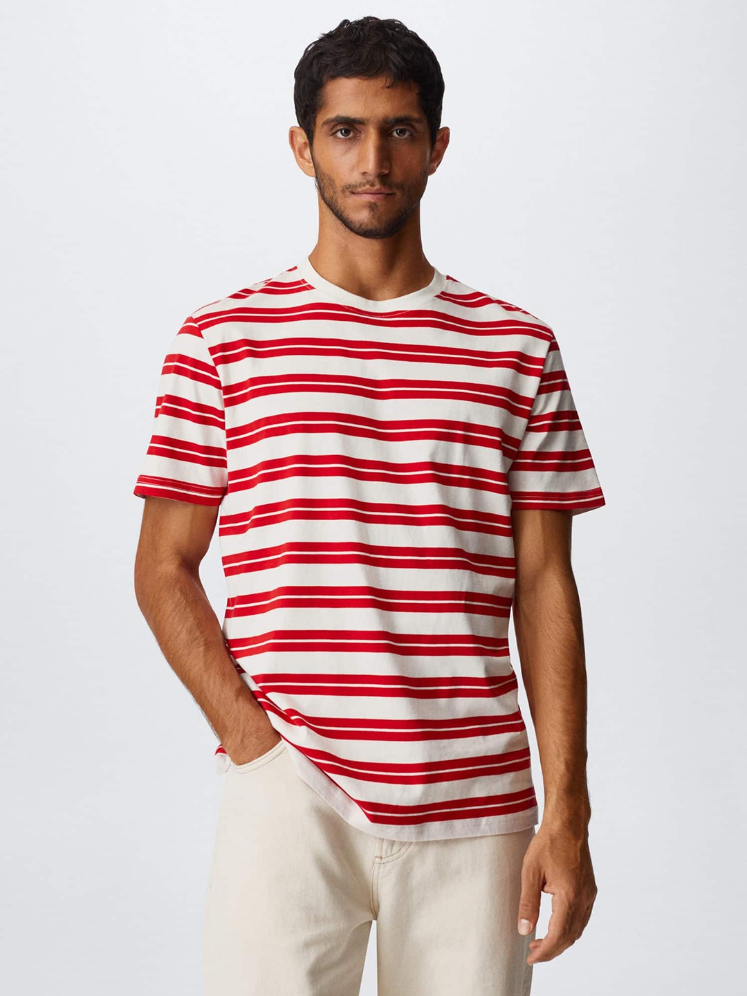

MANGO MAN Striped Pure Cotton T-shirt, White