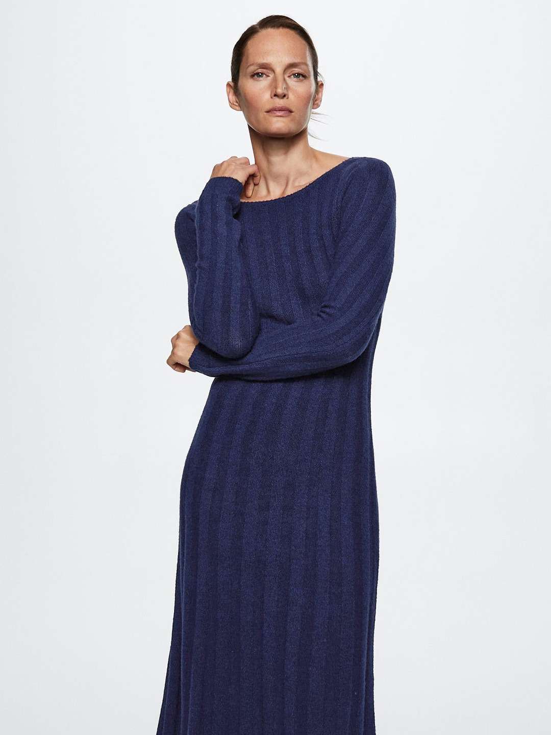 

MANGO Sustainable Ribbed Jumper Midi Dress, Navy blue