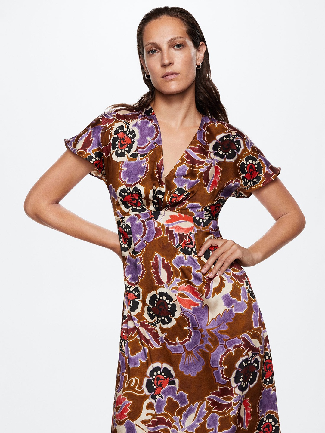 

MANGO Floral Printed V-Neck Satin A-Line Midi Dress, Mustard