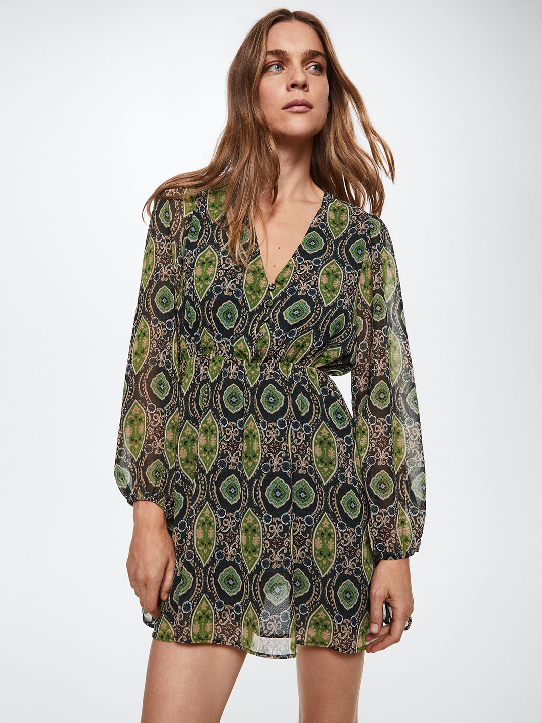 

MANGO Ethnic Printed V-Neck Mini Dress, Green