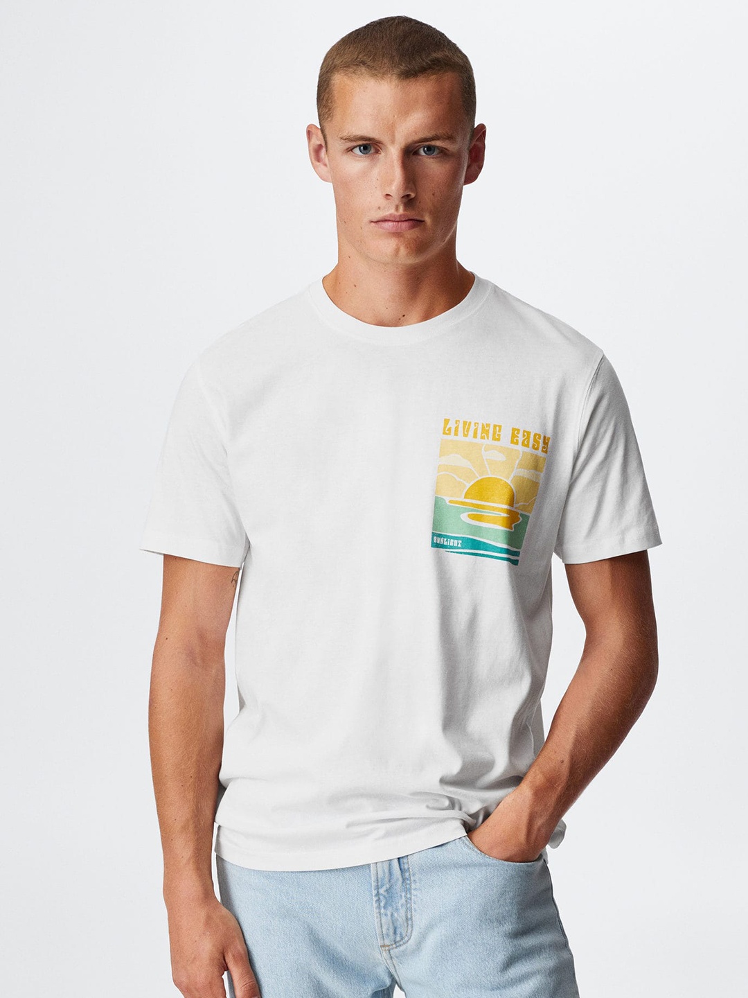 

MANGO MAN Printed Pure Cotton Sustainable T-shirt, White
