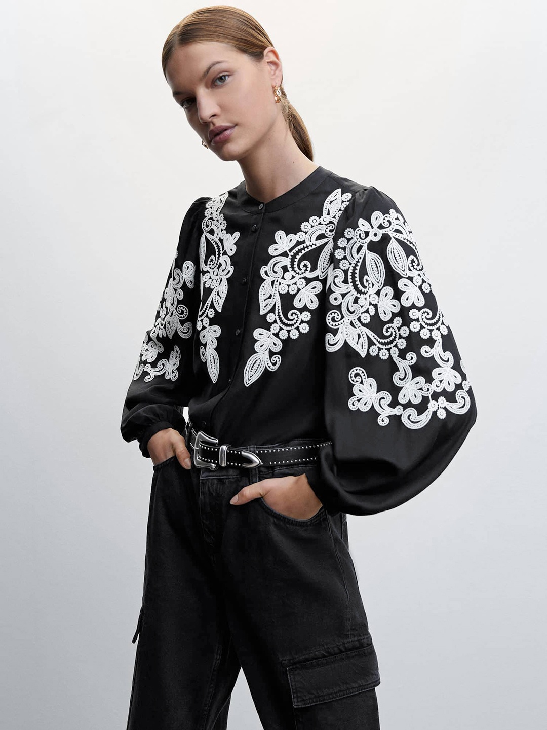 

MANGO Floral Embroidered Monochrome Shirt Style Sustainable Top, Black