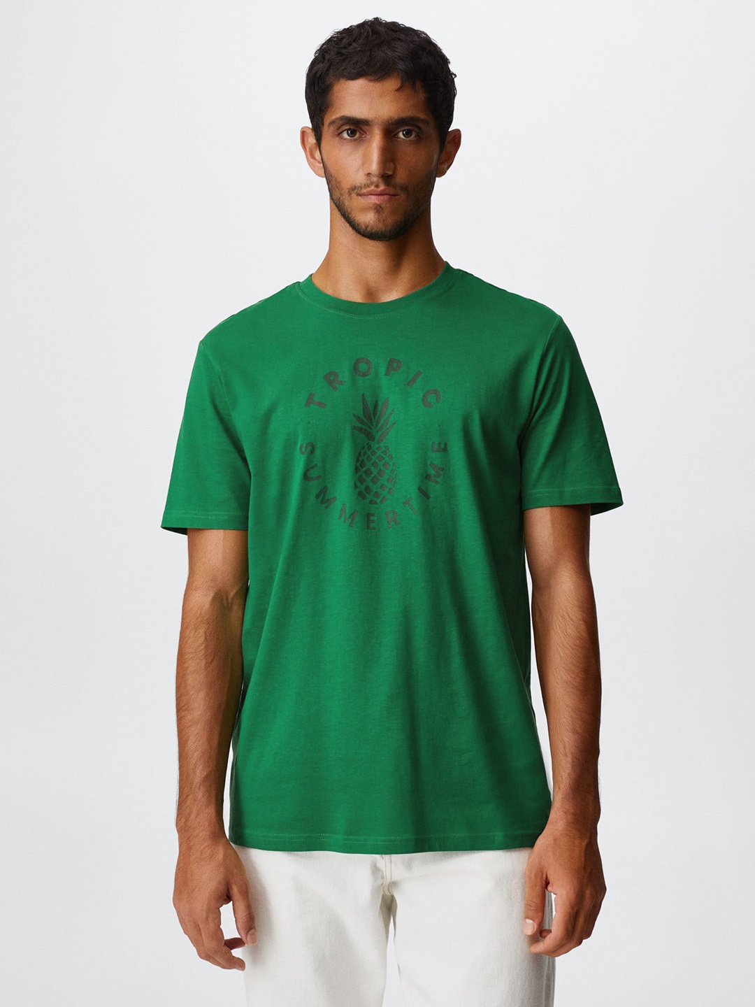 

MANGO MAN Typography Printed Pure Cotton Sustainable T-shirt, Green