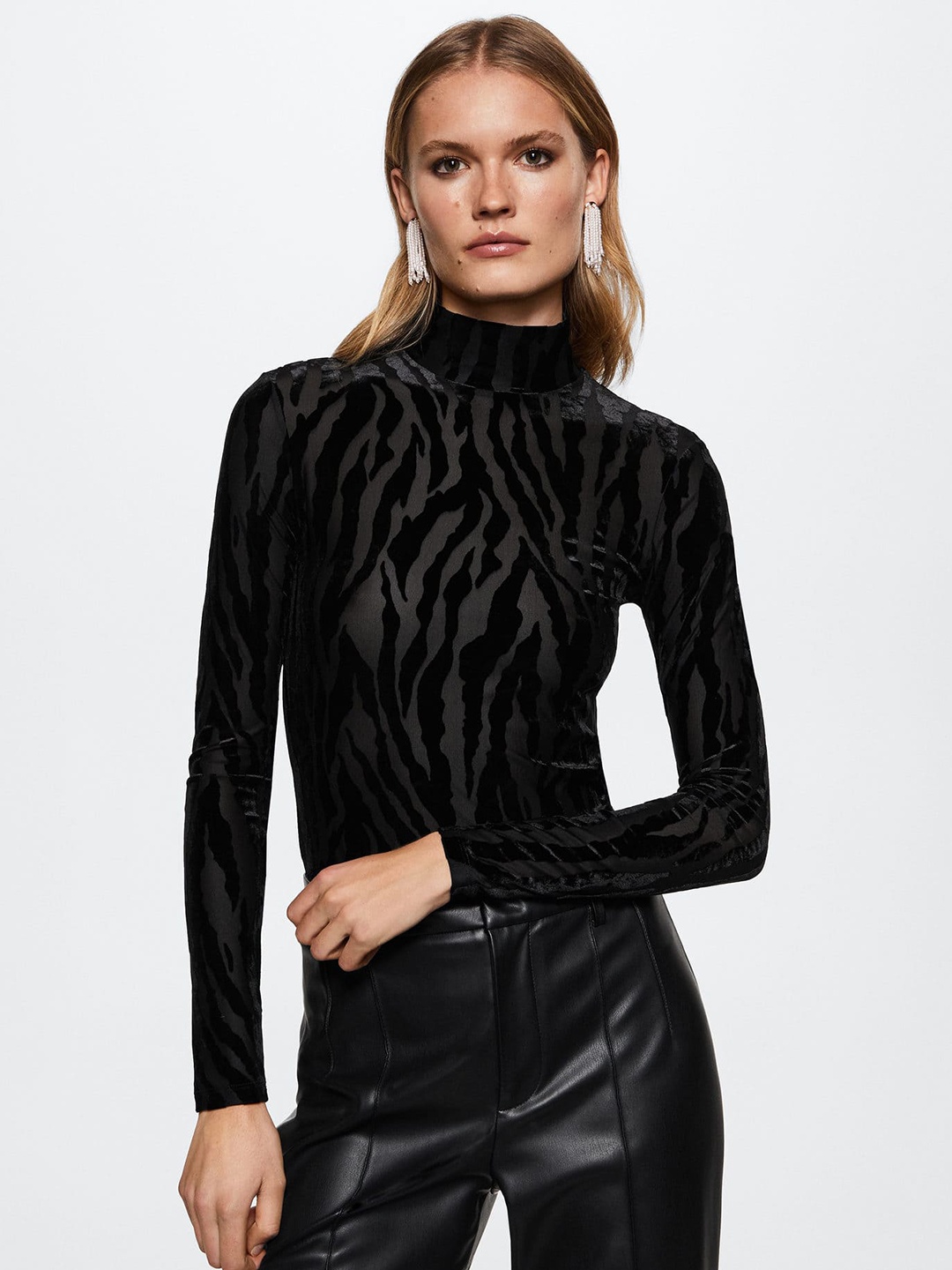 

MANGO Animal Print Semi-Sheer Velvet Top, Black