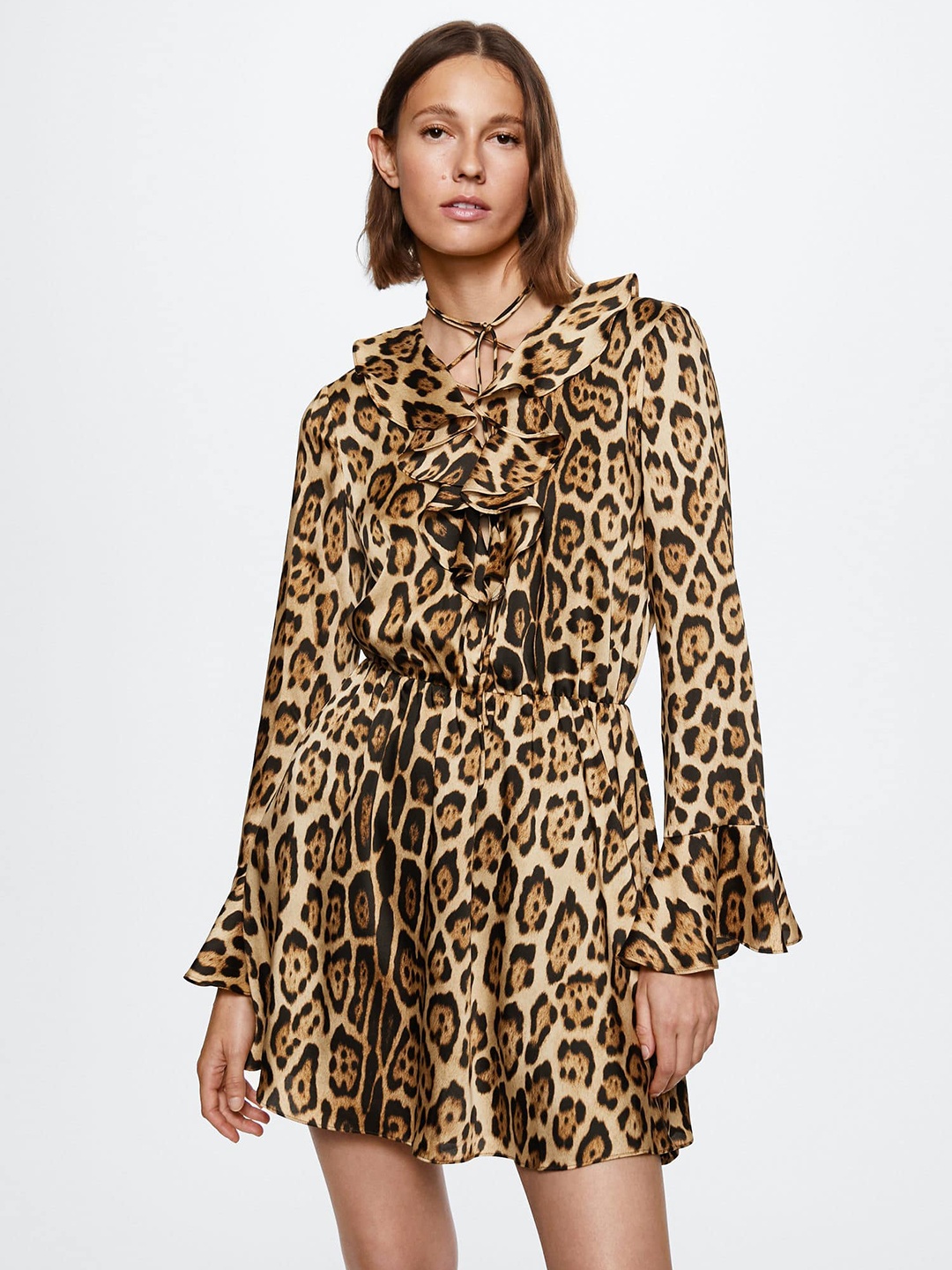 

MANGO Leopard Print Tie-Up Neck A-Line Mini Dress, Beige