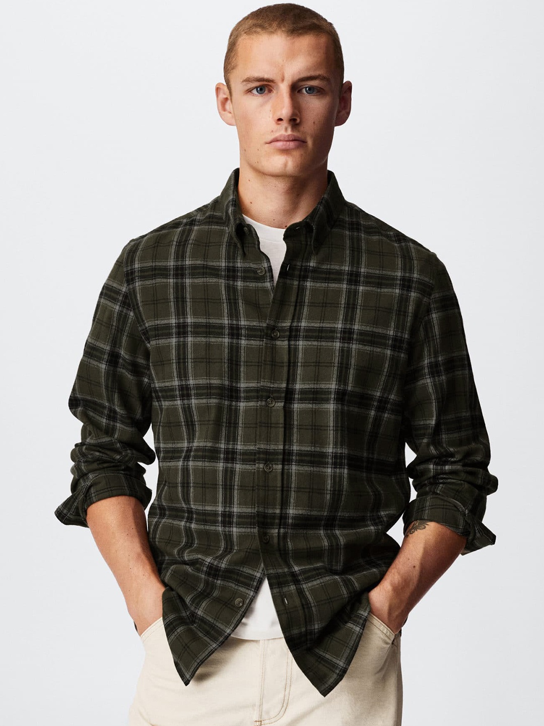 

MANGO MAN Cotton Tartan Checked Flannel Sustainable Shirt, Olive