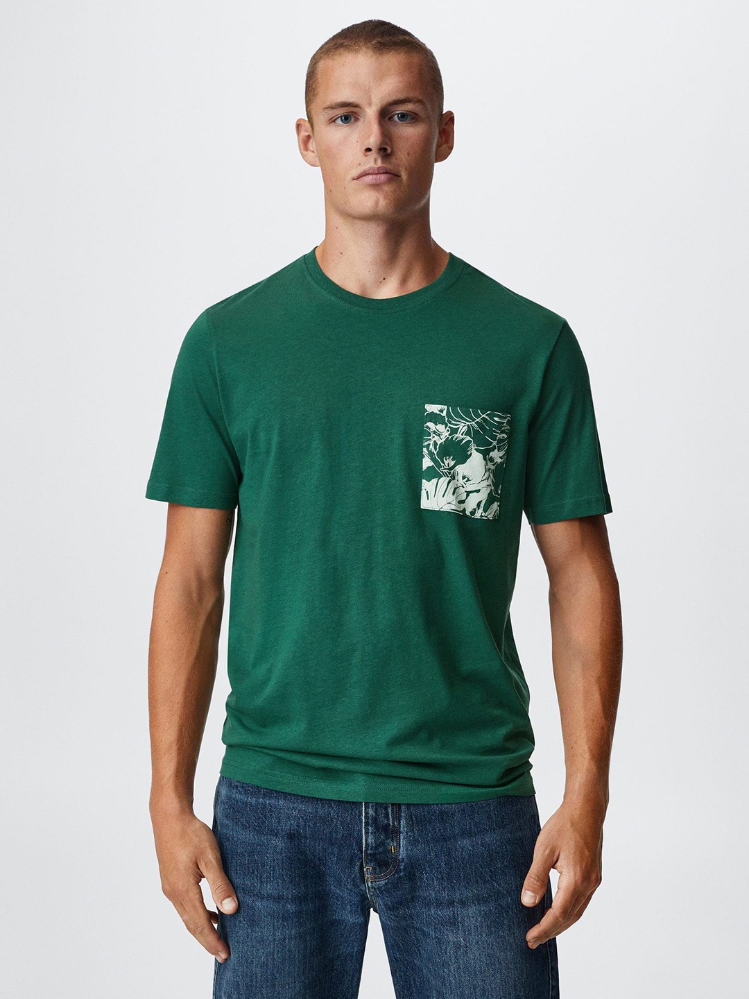 

MANGO MAN Printed Pocket Pure Cotton Sustainable T-shirt, Green