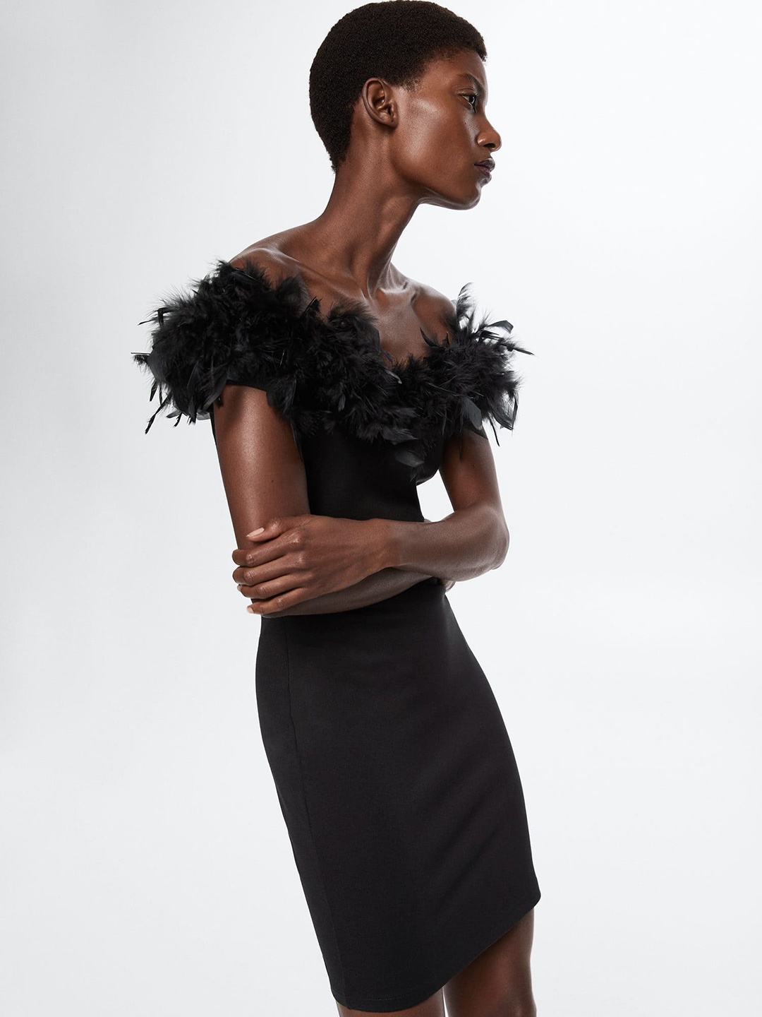 

MANGO Faux Fur Detail Off-Shoulder Sheath Mini Dress, Black