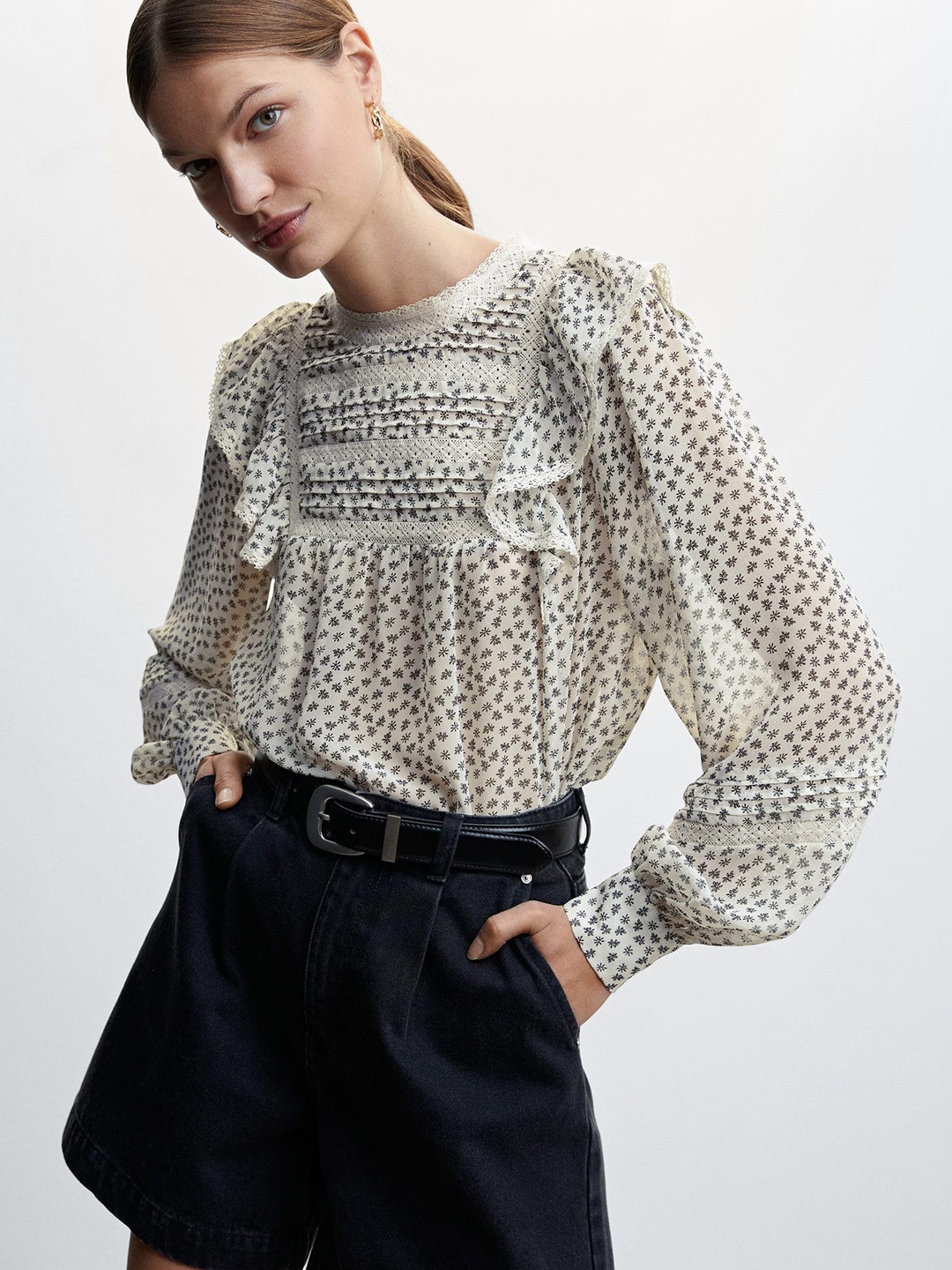 

MANGO Floral Print Ruffles Lace Inserts Sustainable Top, Off white