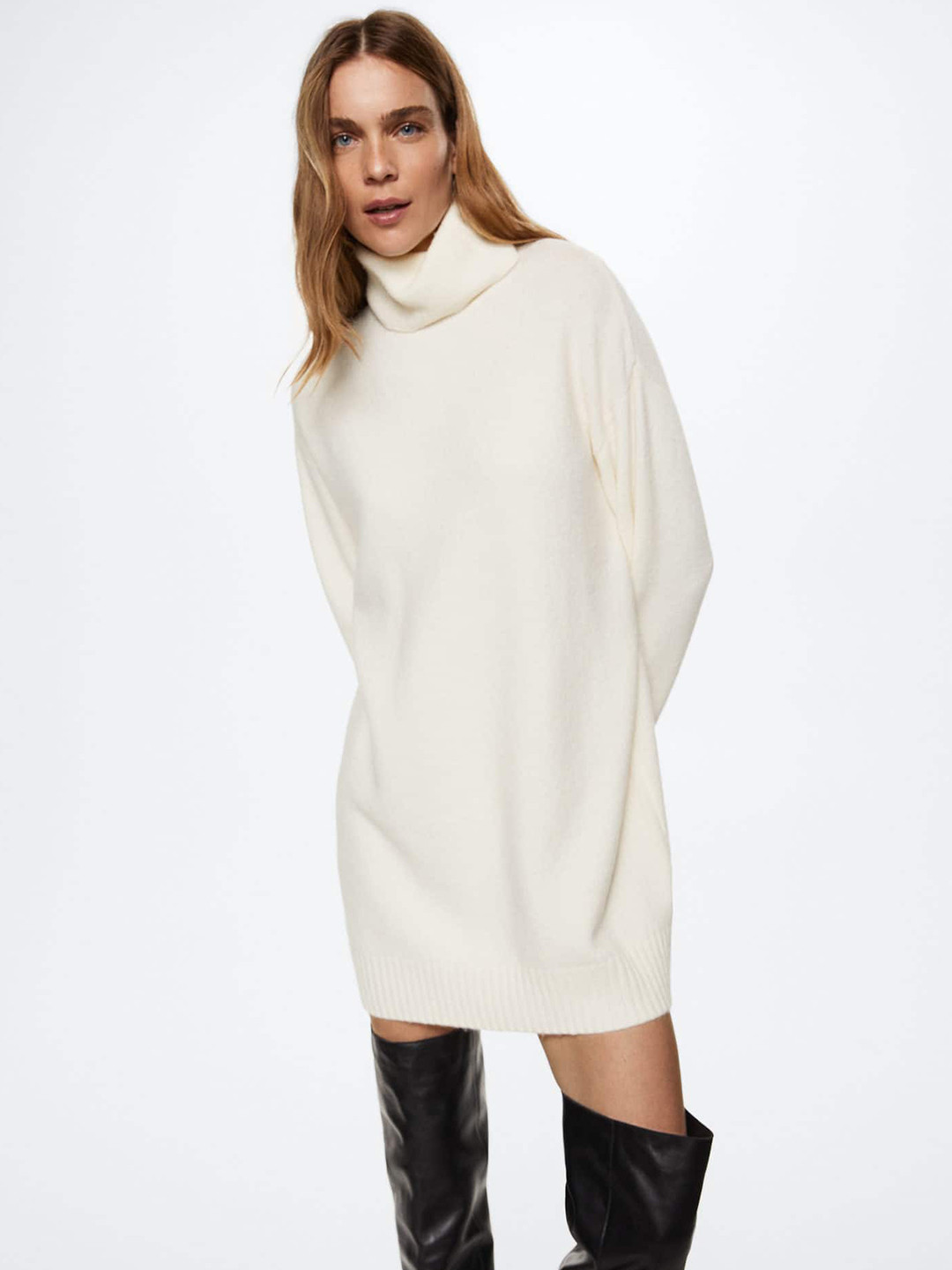 

MANGO Turtle Neck Sustainable Oversize Sweater Dress, White