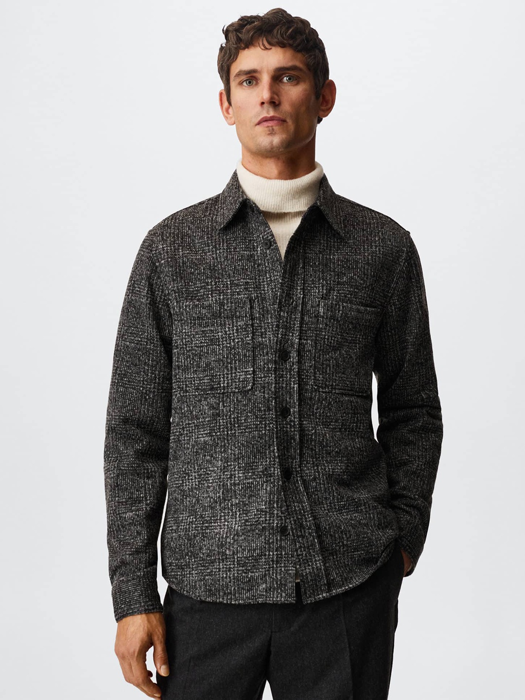 

MANGO MAN Tartan Checked Sustainable Shacket, Charcoal