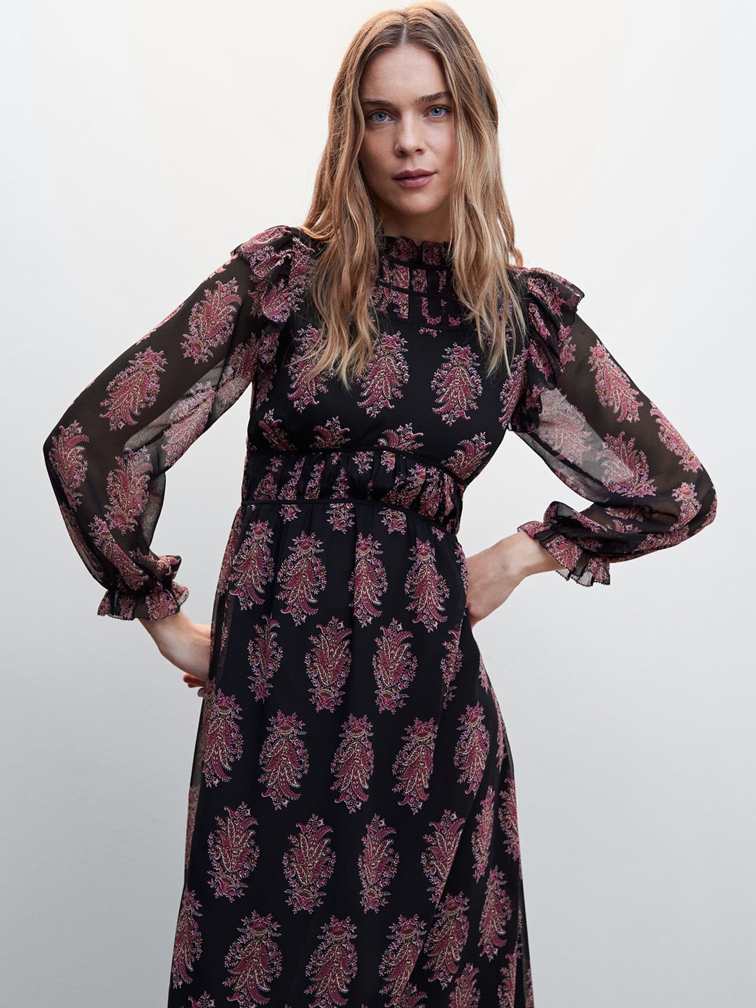 

MANGO Ethnic Motifs Printed Ruffle Detail A-Line Midi Dress, Black