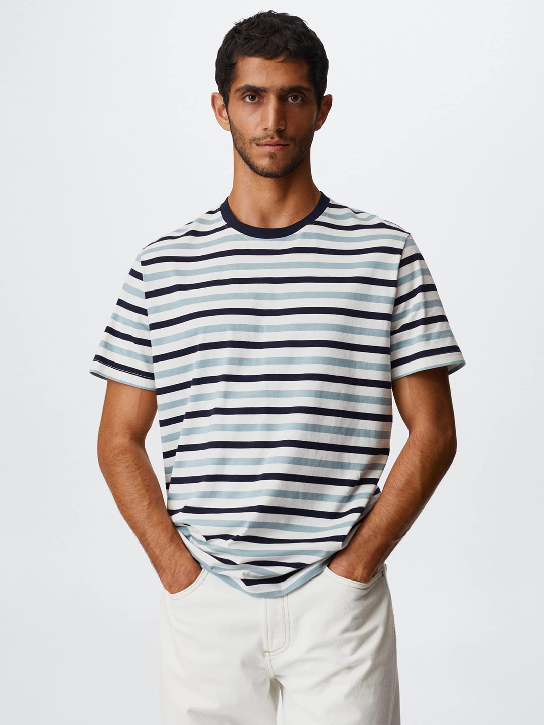 

MANGO MAN Striped Pure Cotton T-shirt, White