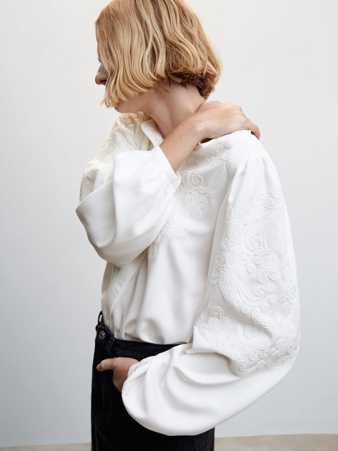 

MANGO Floral Embroidered Shirt Style Sustainable Top, White