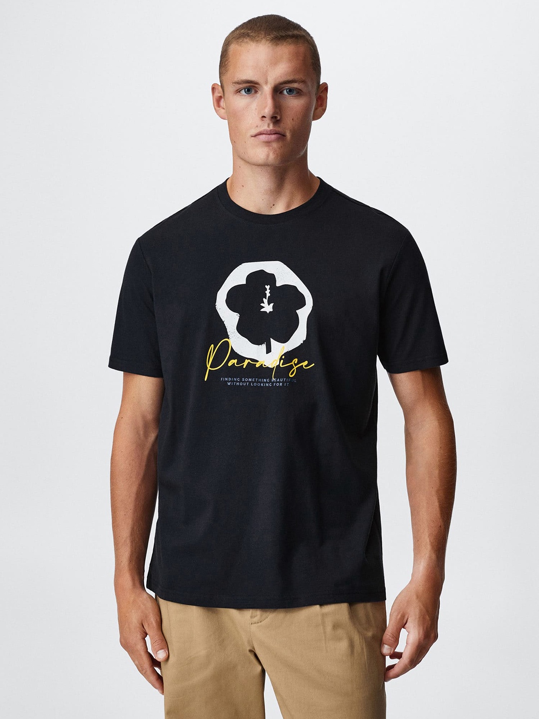 

MANGO MAN Floral Printed Pure Cotton Sustainable T-shirt, Navy blue