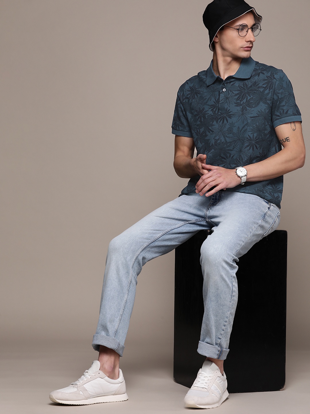 

MANGO MAN Polo Collar Tropical Printed Pure Cotton Sustainable T-shirt, Navy blue
