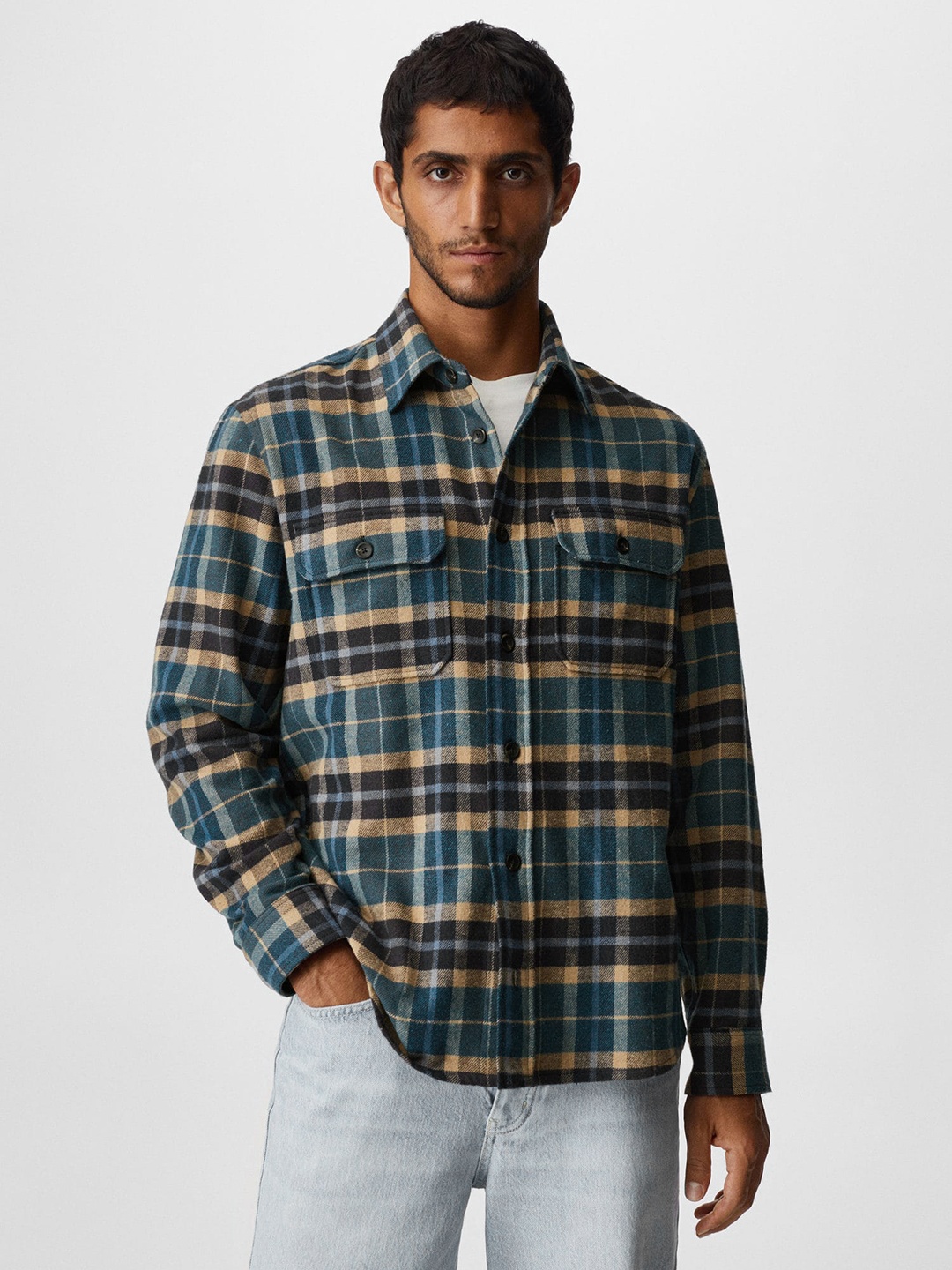 

MANGO MAN Tartan Checked Flannel Sustainable Shirt, Navy blue