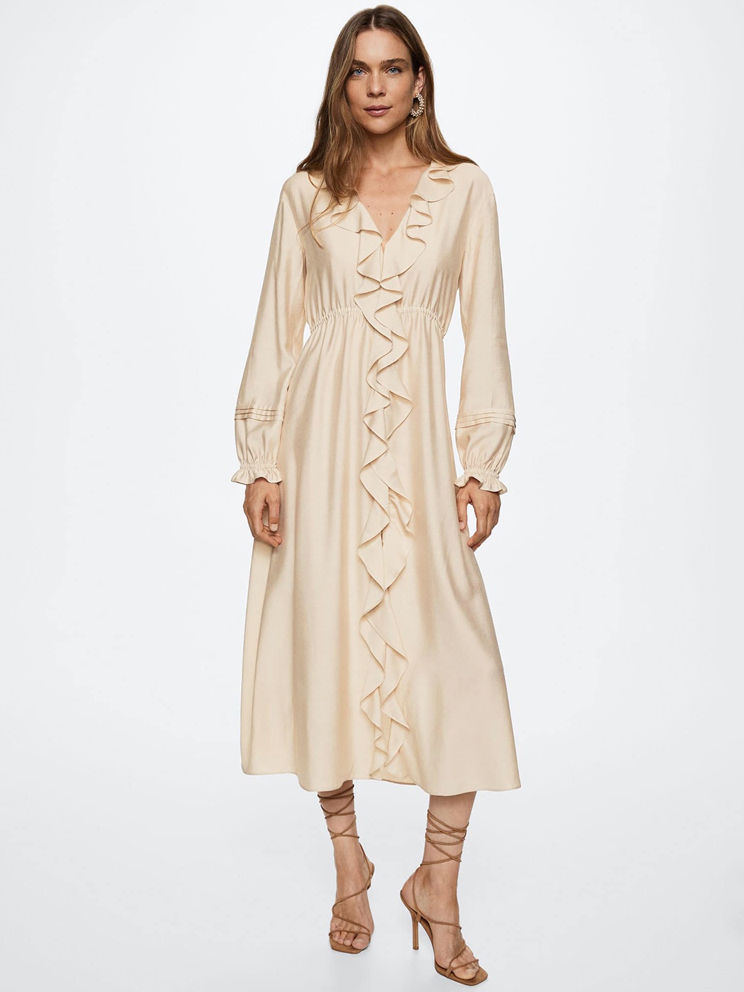 

MANGO Ruffle Puff Sleeve A-Line Midi Dress, Beige