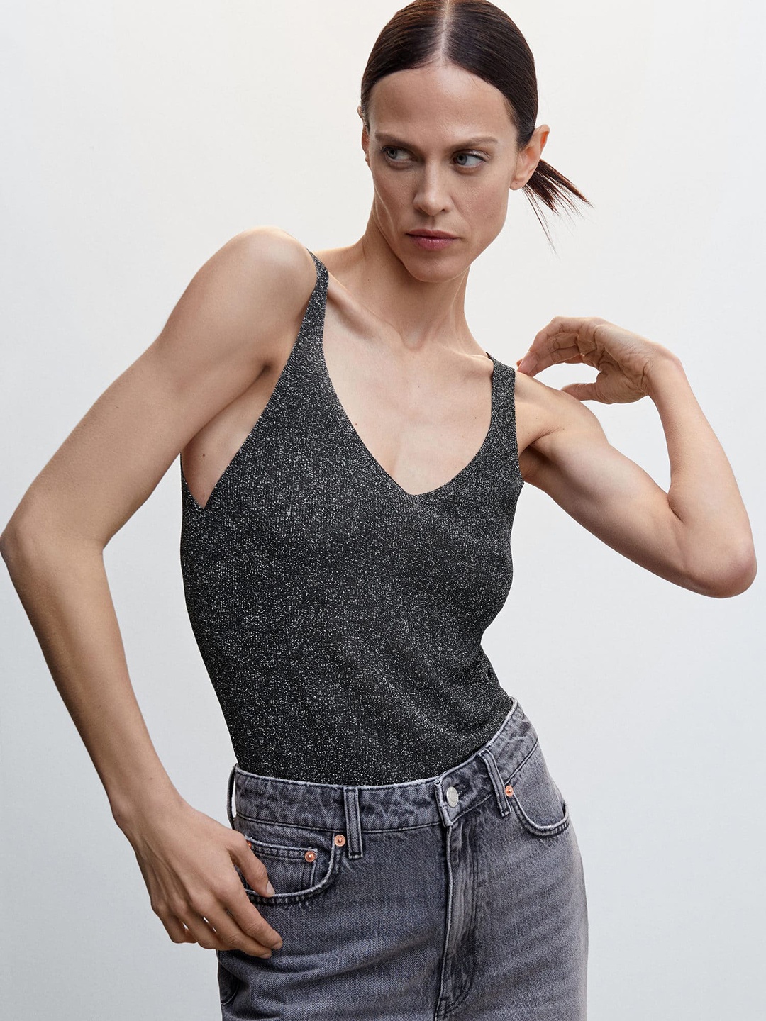 

MANGO Shimmery V-Neck Sustainable Top, Charcoal
