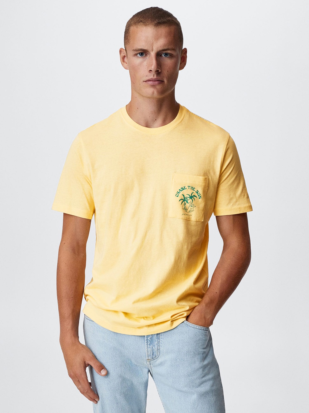 

MANGO MAN Printed Pocket Pure Cotton Sustainable T-shirt, Yellow