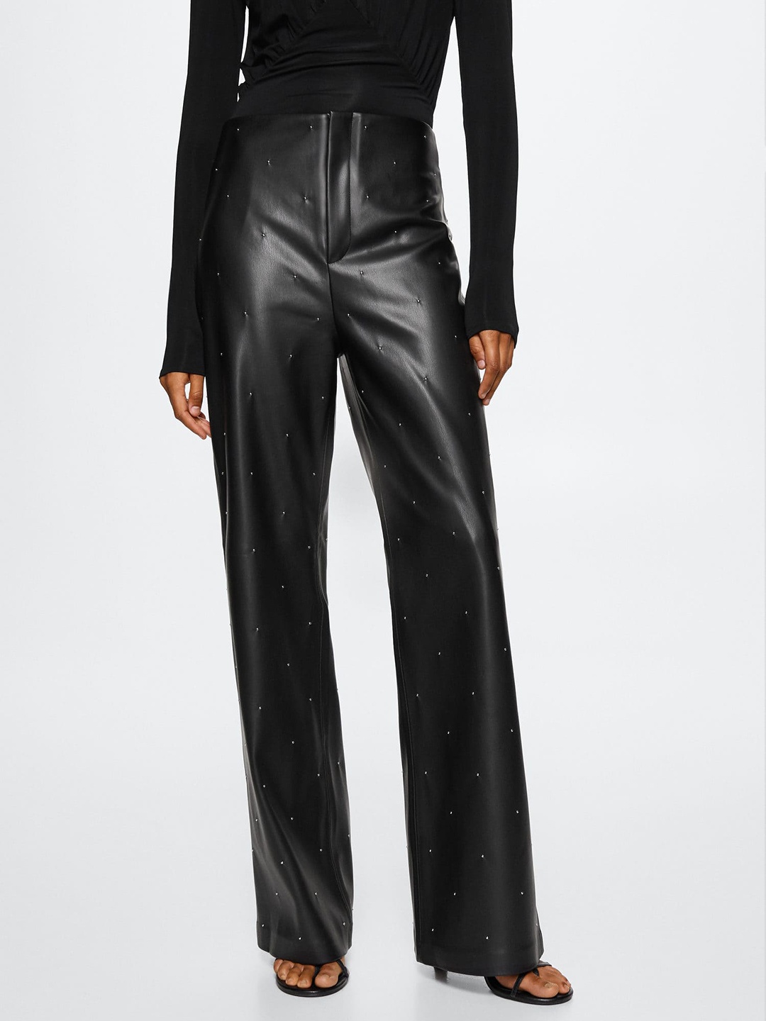 

MANGO Women Faux Leather High-Rise Embellished Parallel Trousers, Black
