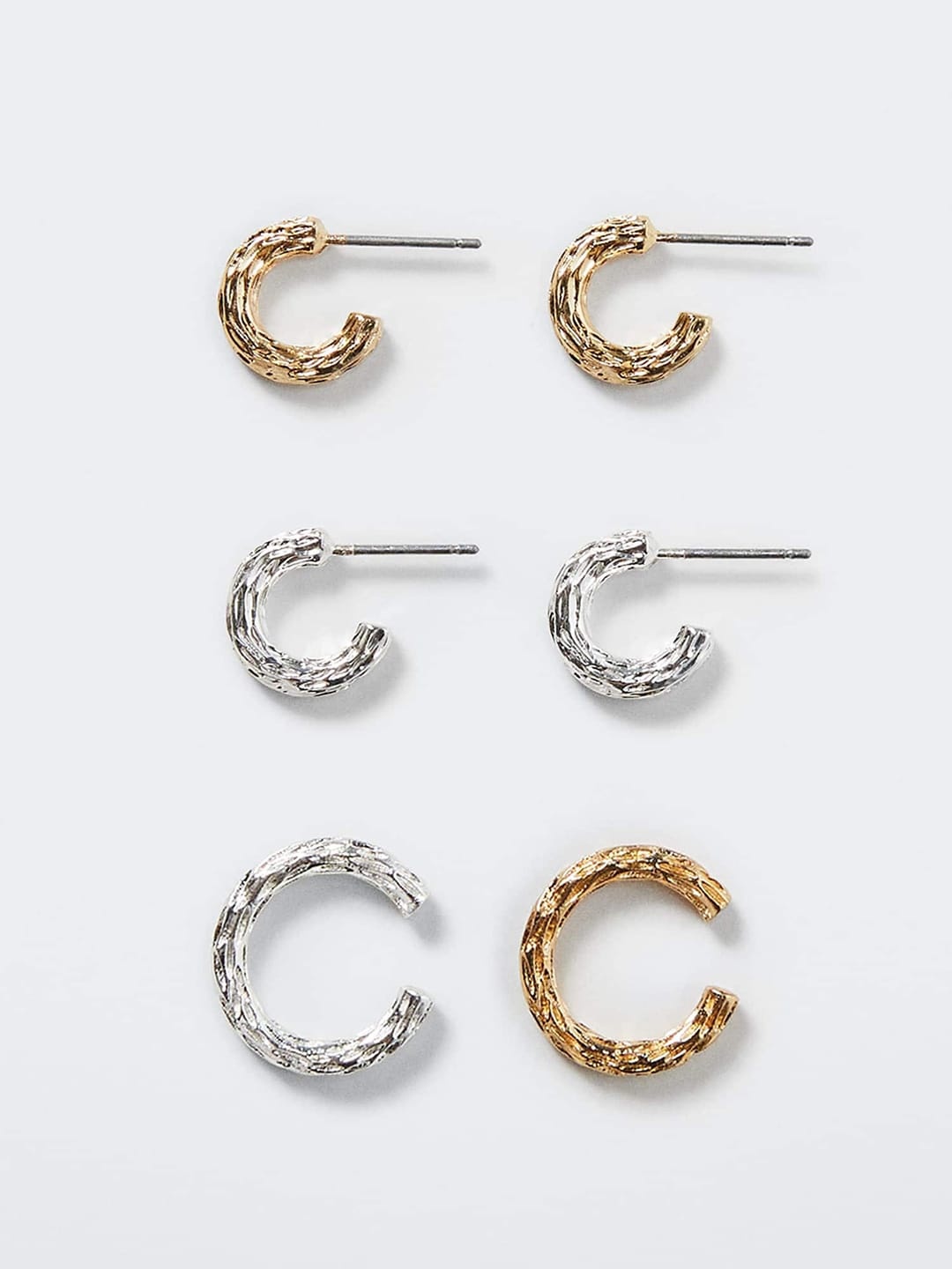 

MANGO Pack of 3 Crescent Shaped Textured Half Hoop Earrings, Gold