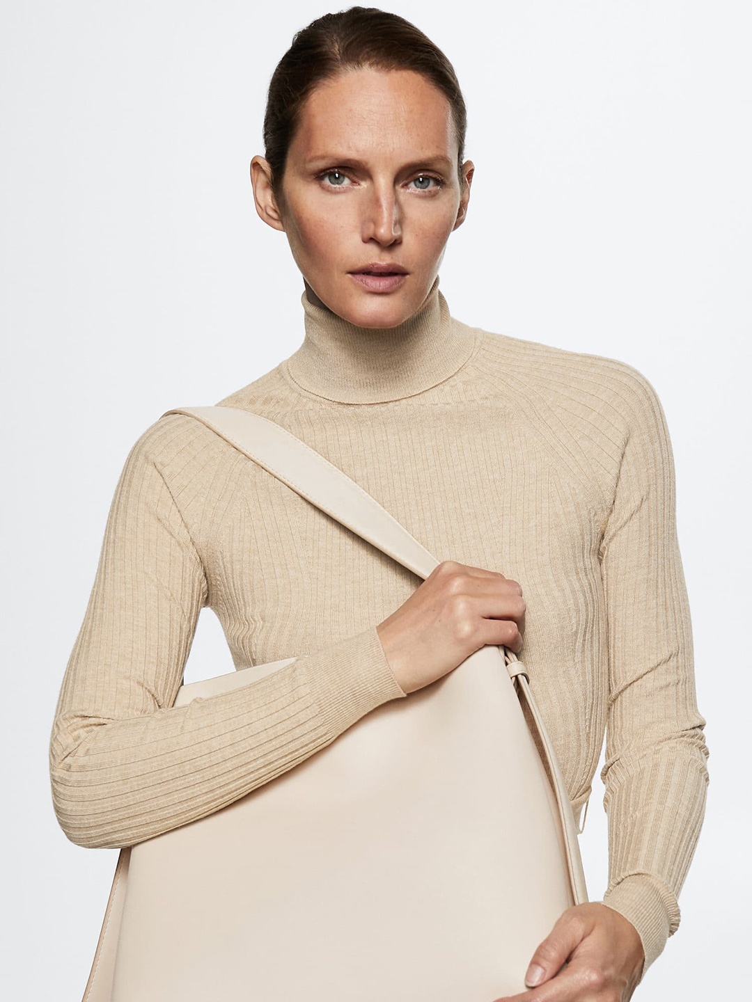 

MANGO Ribbed Turtle Neck Sustainable Bodycon Midi Dress, Beige