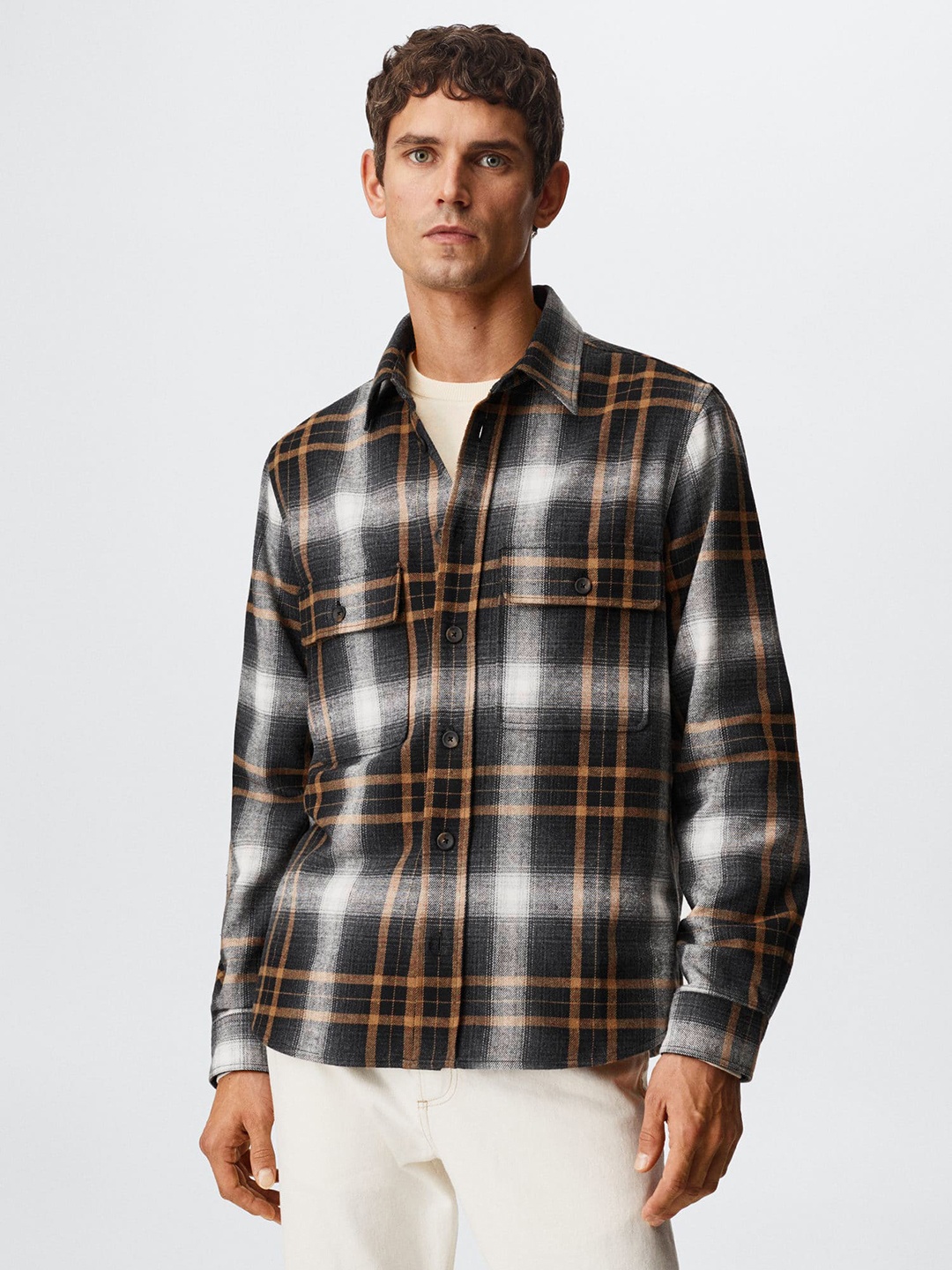 

MANGO MAN Tartan Checked Cotton Flannel Sustainable Shirt, Black