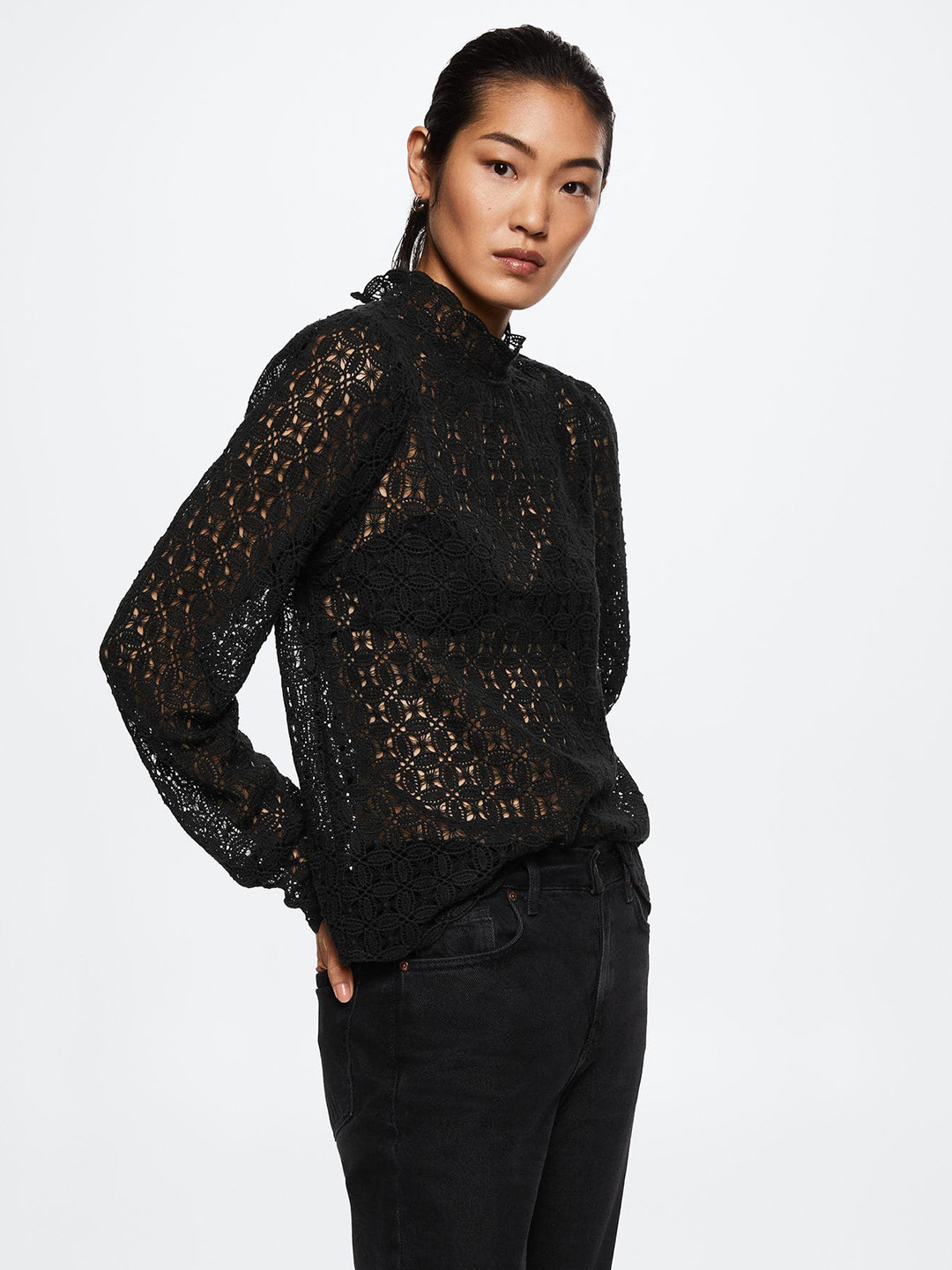 

MANGO Self Design High Neck Semi Sheer Pure Cotton Top, Black