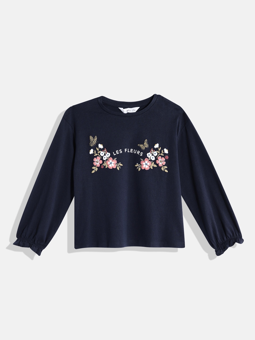 

Mango Kids Girls Pure Cotton Floral Print Puff Sleeves T-shirt, Navy blue