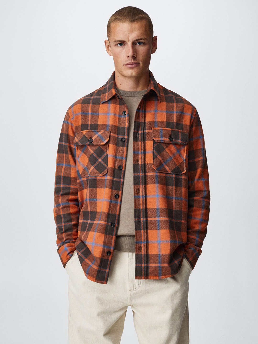 

MANGO MAN Tartan Checked Cotton Shacket, Orange