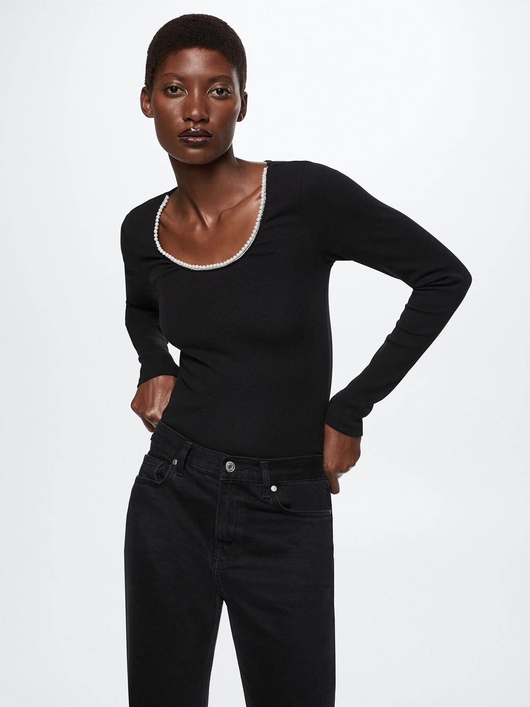 

MANGO Jewel Neck Top, Black