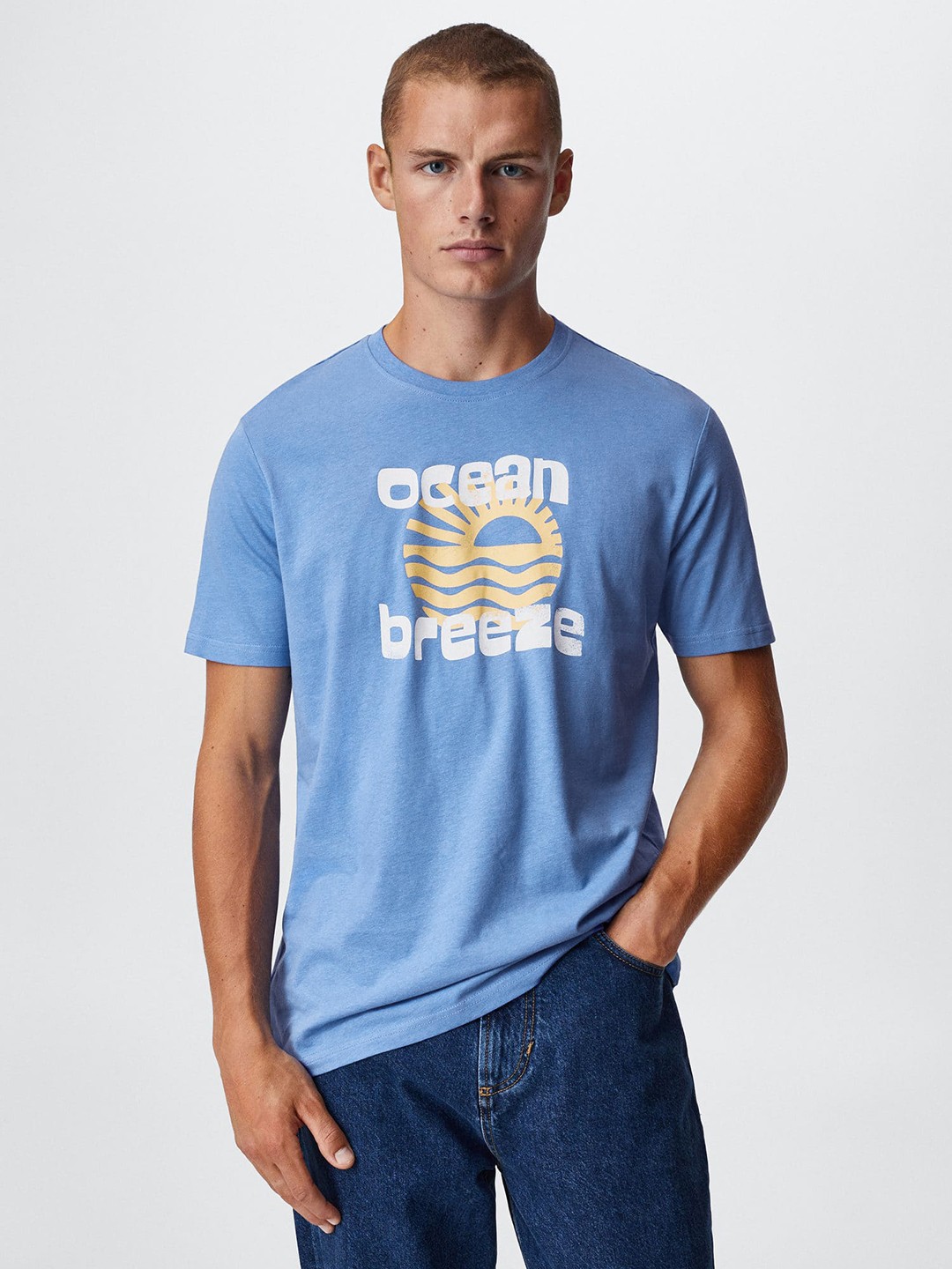 

MANGO MAN Typography Printed Pure Cotton Sustainable T-shirt, Blue