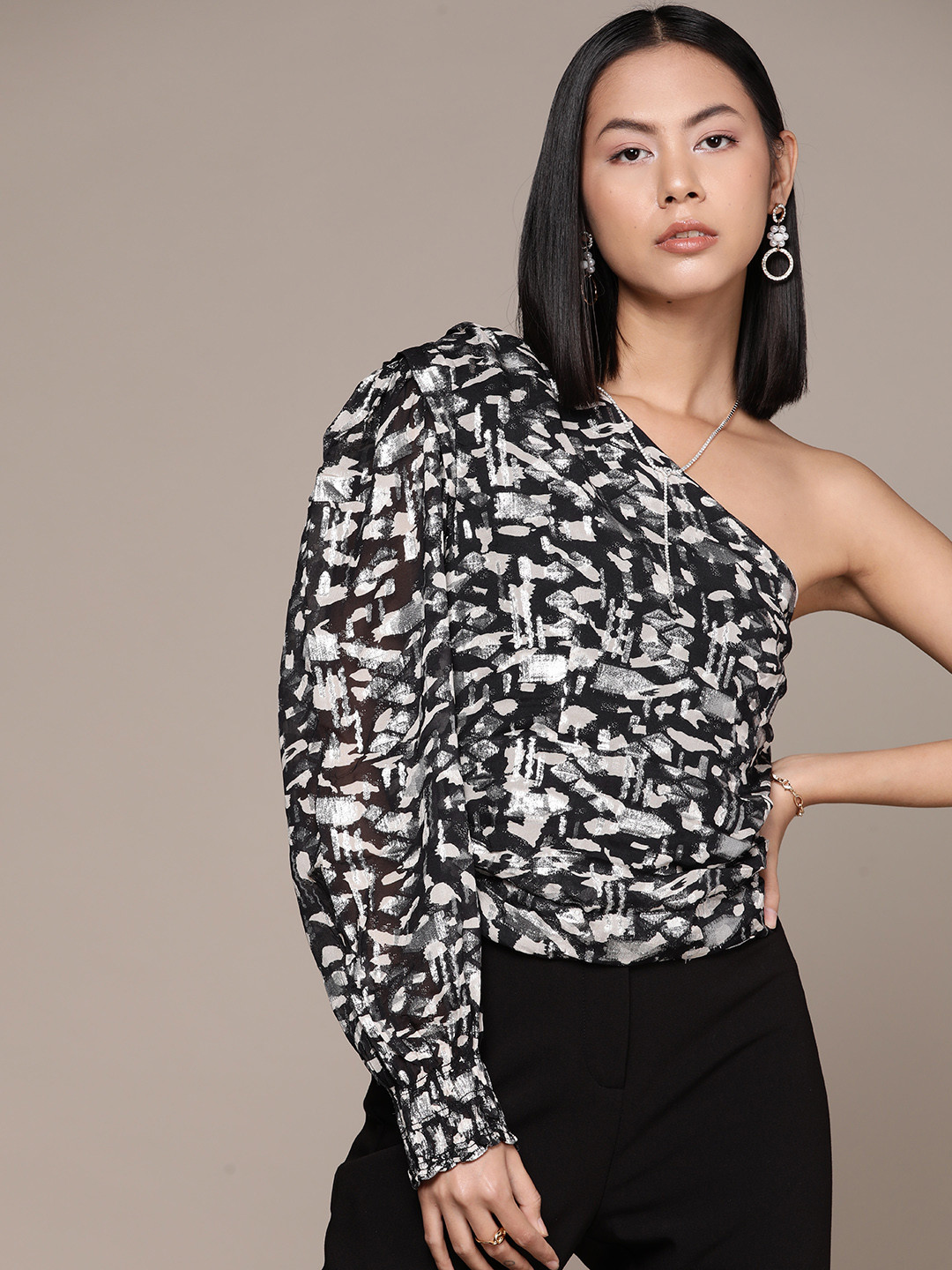 

MANGO Abstract Printed One Shoulder Top, Black