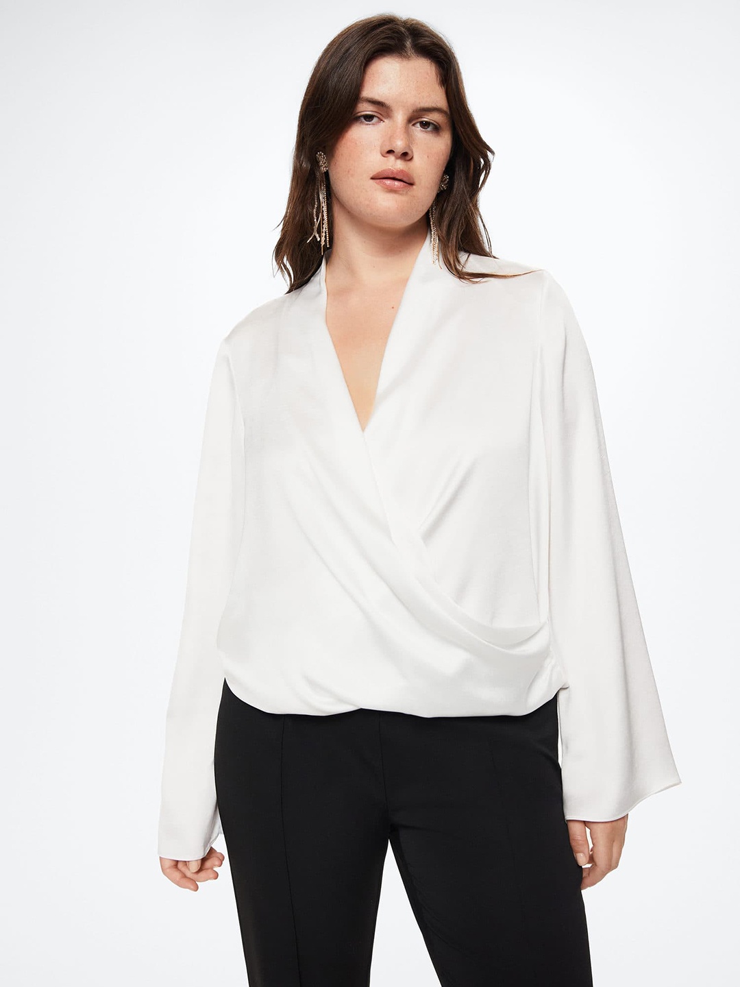 

MANGO Solid Satin Wrap Top, Off white