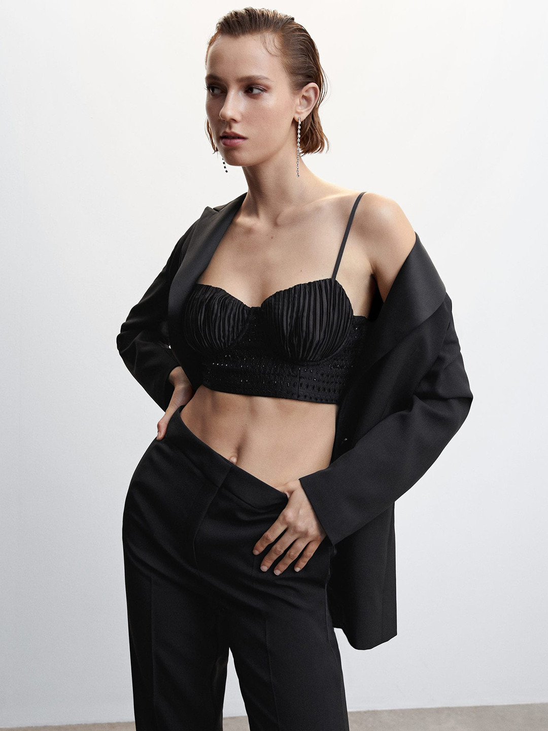 

MANGO Sequined Self Design Sweetheart Neck Sustainable Bralette, Black