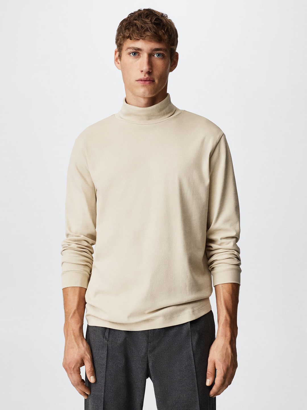 

MANGO MAN Turtle Neck Pure Cotton Sustainable T-shirt, Beige