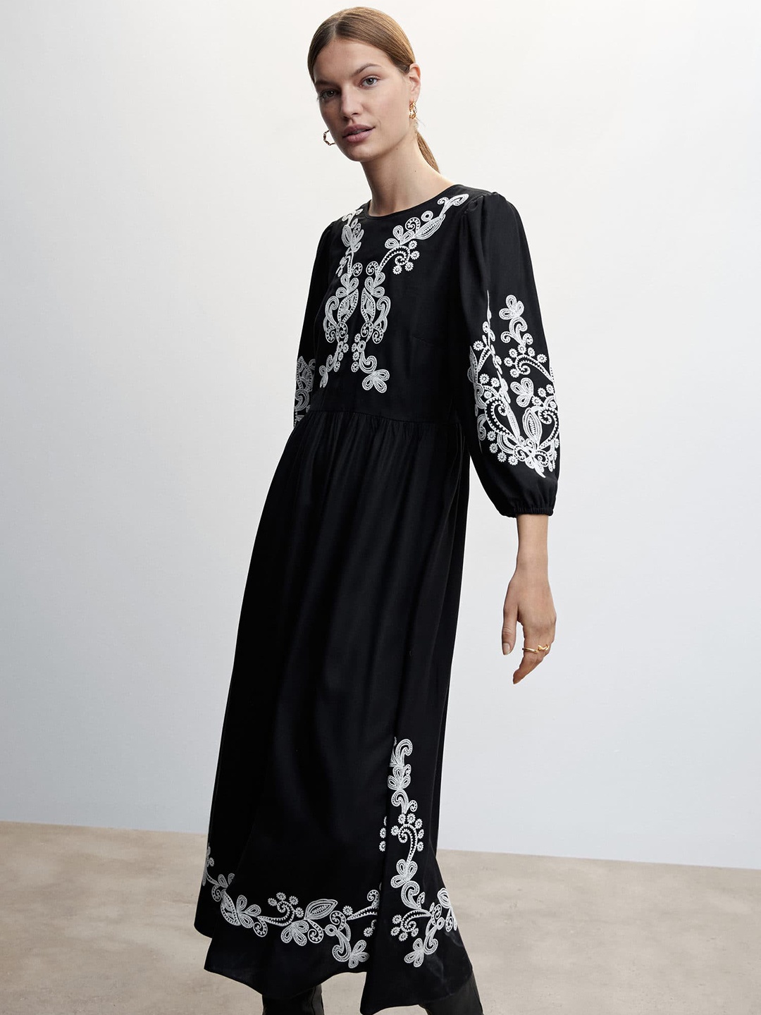 

MANGO Ethnic Motifs Embroidered Puff Sleeves Sustainable A-Line Midi Dress, Black
