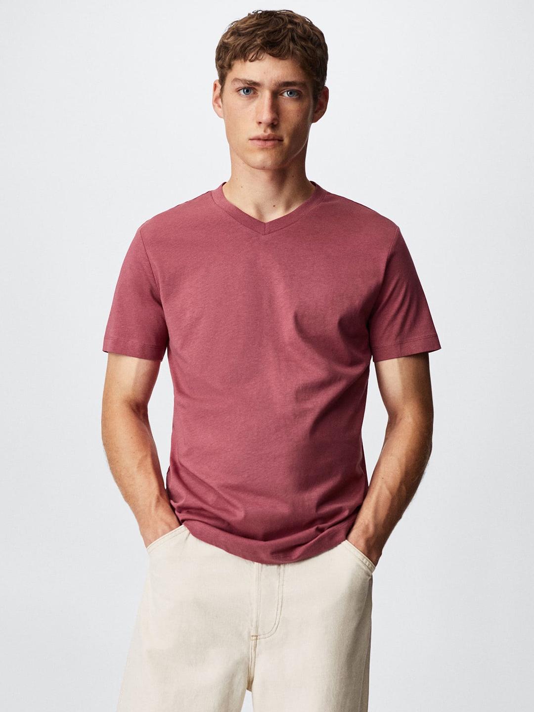 

MANGO MAN V-Neck Pure Cotton T-shirt, Rose