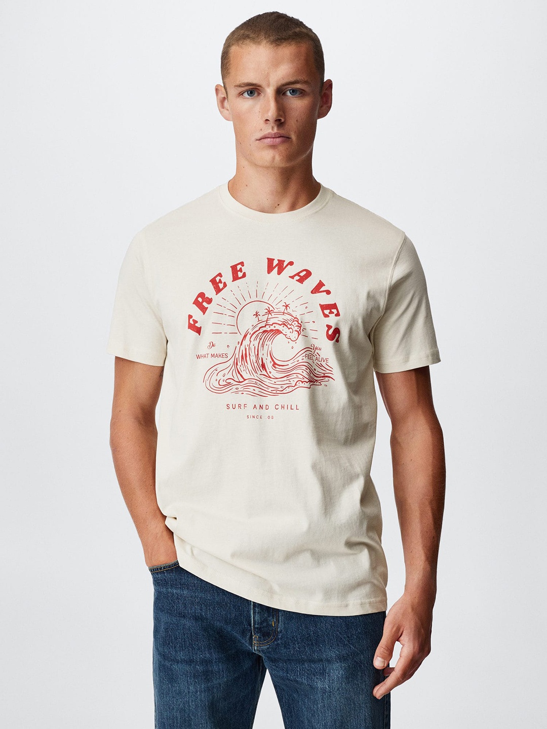 

MANGO MAN Typography Printed Pure Cotton Sustainable T-shirt, Off white