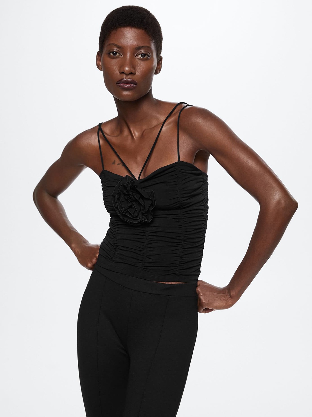 

MANGO Ruched Floral Detail Sustainable Fitted Top, Black