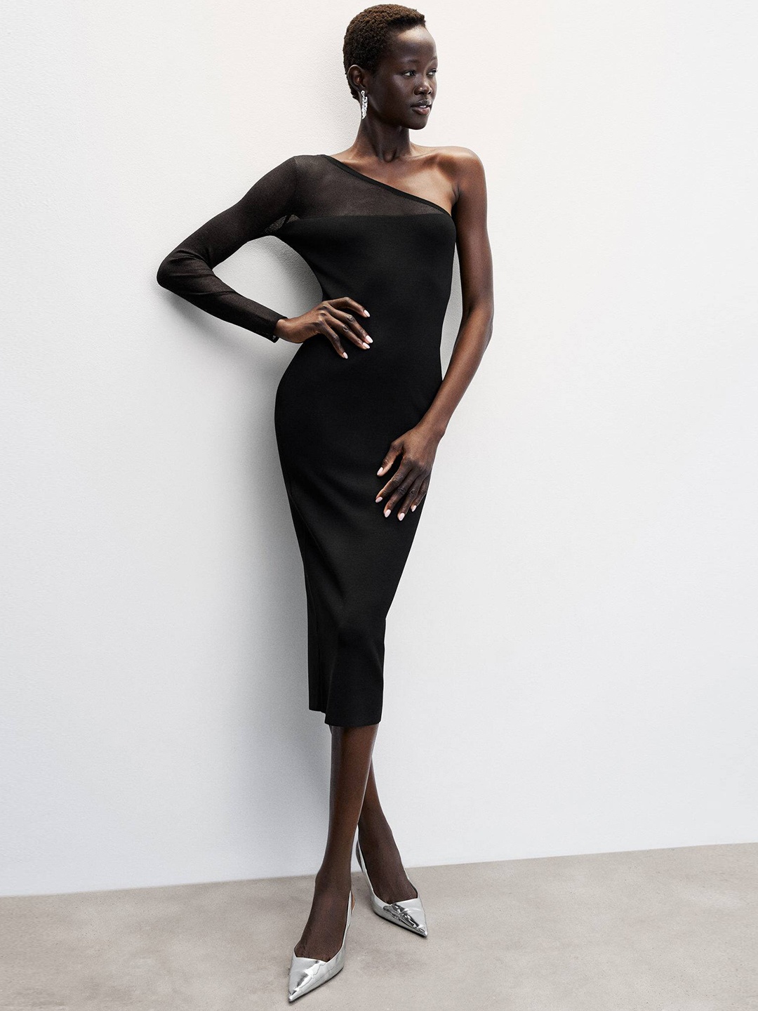 

MANGO Asymmetric Neck Sustainable Bodycon Midi Dress, Black