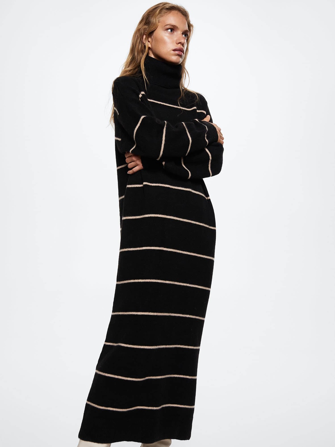 

MANGO Sustainable Turtleneck Striped Oversized Jumper Maxi Dress, Black