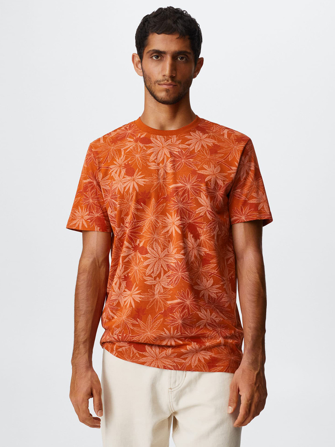 

MANGO MAN Printed Tropical Pure Cotton Sustainabe T-shirt, Rust