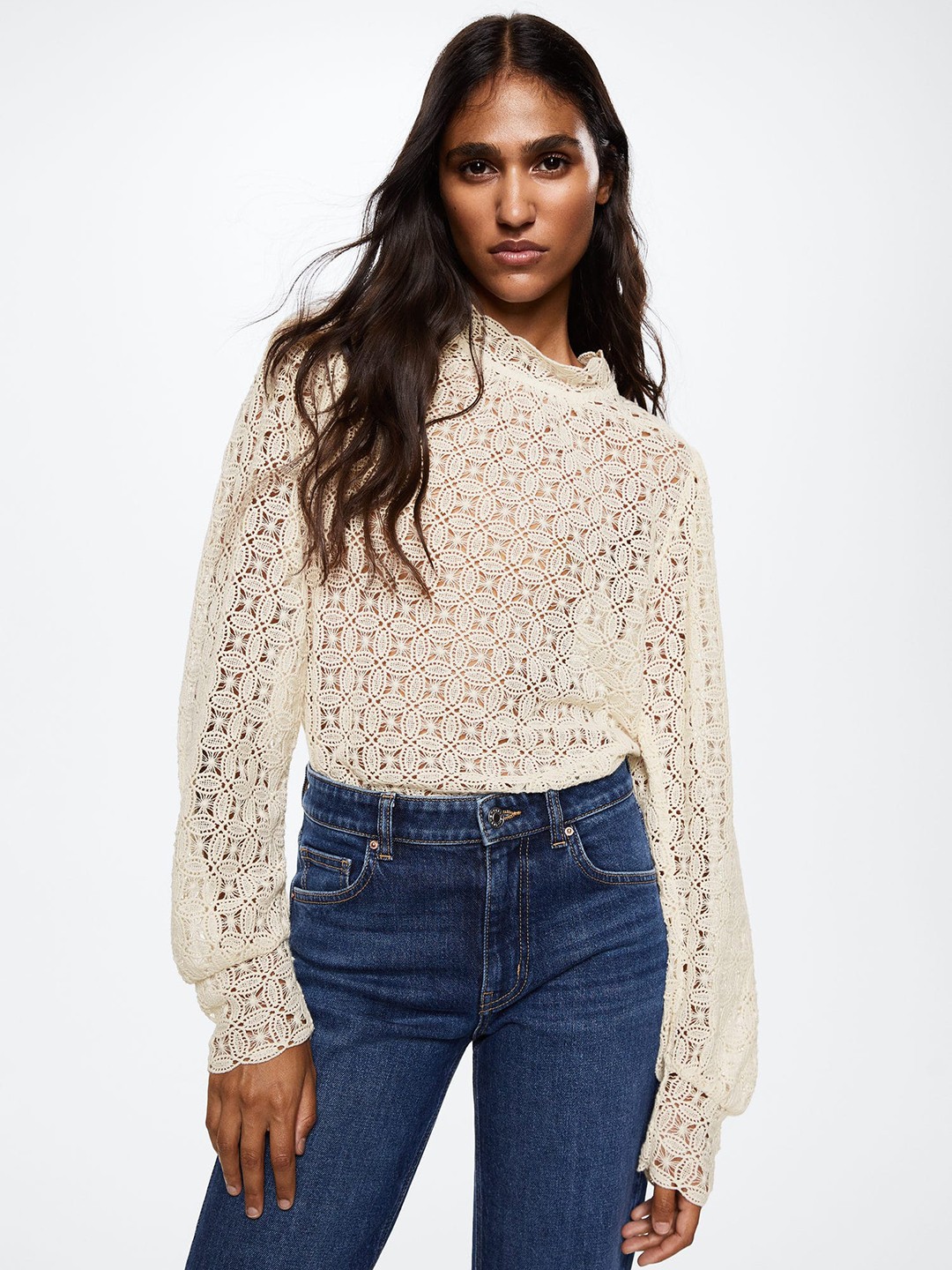 

MANGO Self Design High Neck Semi Sheer Pure Cotton Top, Off white