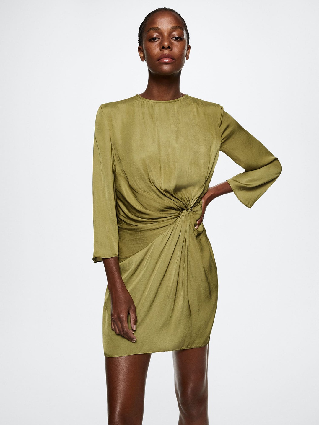 

MANGO Sustainable Satin Finish Knot Detail Sheath Mini Dress, Olive