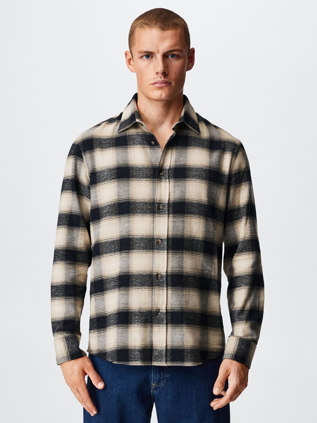 

MANGO MAN Cotton Tartan Checked Flannel Sustainable Shirt, Black