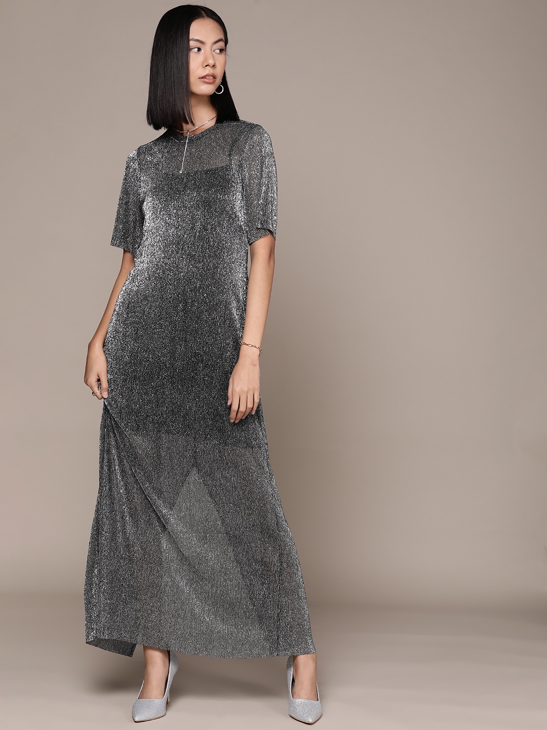 

MANGO A-Line Blingy Maxi Dress, Silver