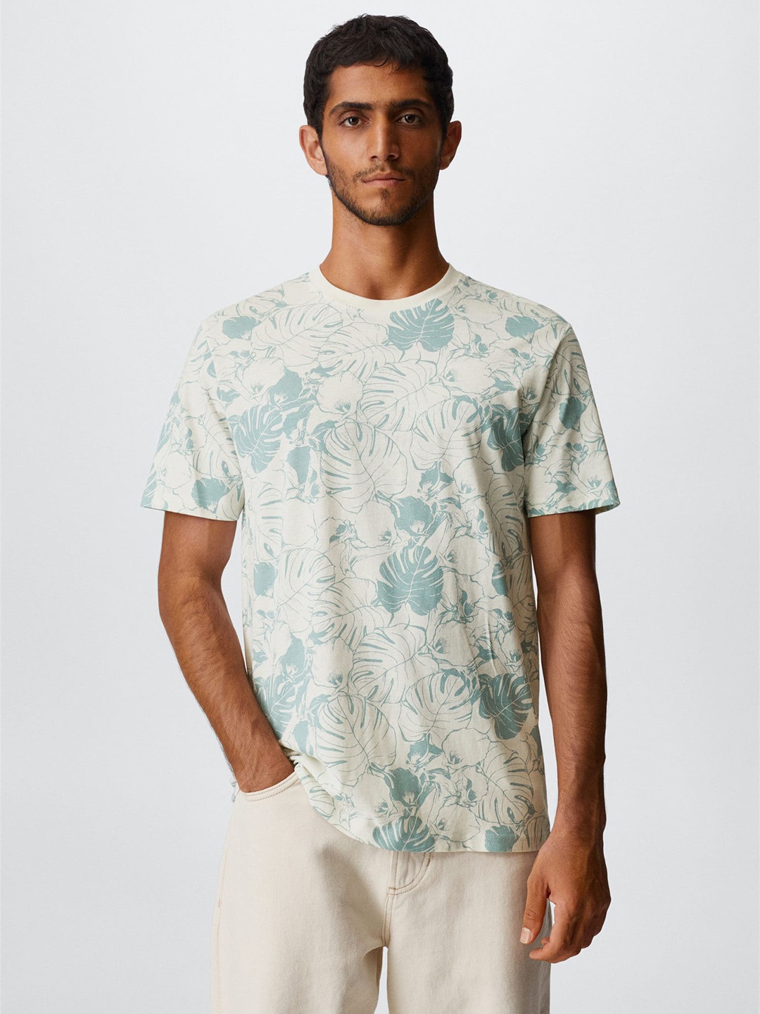 

MANGO MAN Floral Printed Pure Cotton Sustainable T-shirt, Off white